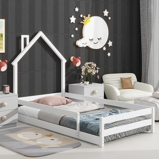 Twin Size Wood bed with House-shaped Headboard Floor bed with Fences