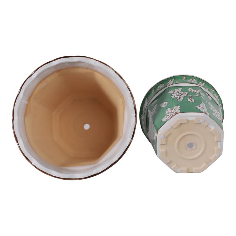 Ceramic Planters With Floral Embossing - Set of 2, Green