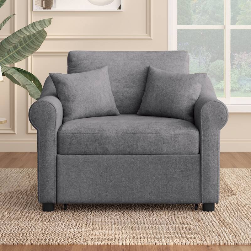 Chenille Accent Chair Convertible Sleeper Chair Adjustable Backrest Sofa Chair, 3 in 1 Chaise Lounges Chair Turns Into Chair Bed