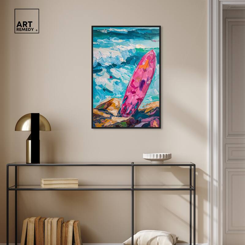 Art Remedy Just A Little Break Wave Framed Colorful Coastal 1 Piece Canvas Wall Art