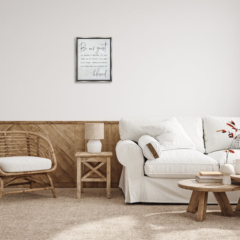 Stupell Be Our Guest Home Family Inspirational Word On Wood Texture Design Floater Frame - Off-White