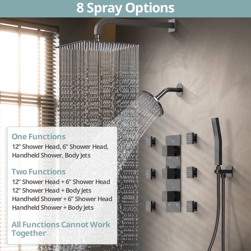 Dual Heads 12"Rainfall and High Pressure 6"Shower Faucet Dual Cascade System 3 Way Thermostatic Valve with 6 Body jets