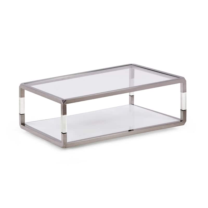 Jape 48 Inch Rectangular Coffee Table, Glass, Steel, Clear Acrylic, White
