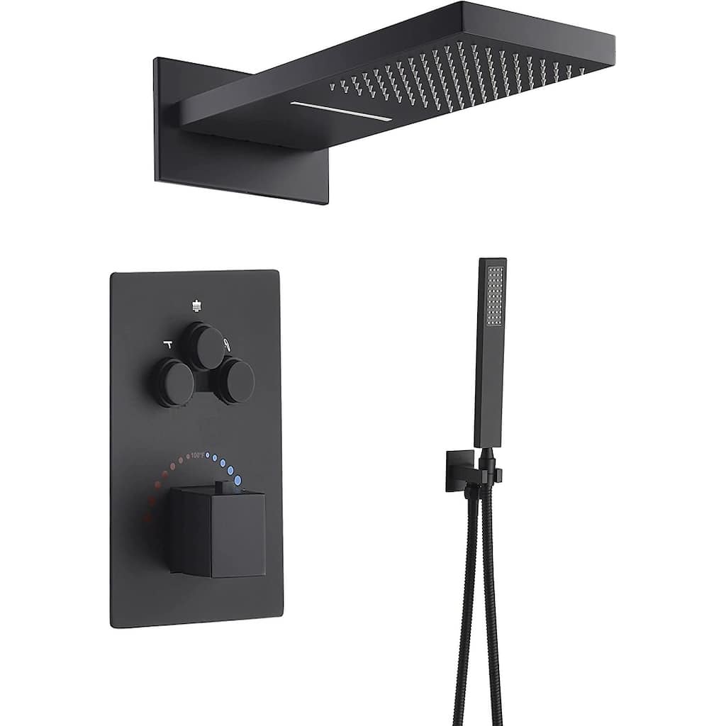 Matte Black 22 Inch Rainfall Water Shower Head 3 Way Thermostatic Shower Faucet Set - Matte Black