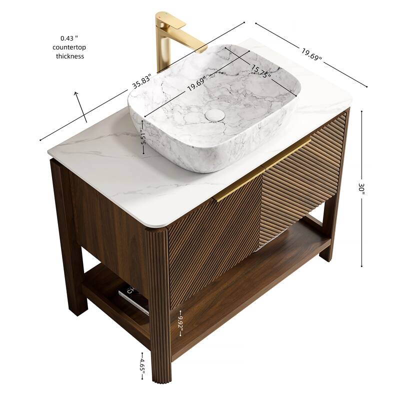 36" Freestanding Bathroom Vanity with Marble Pattern Ceramic Sink, Carrara White Sintered Stone Top & Woodgrain Storage Cabinet