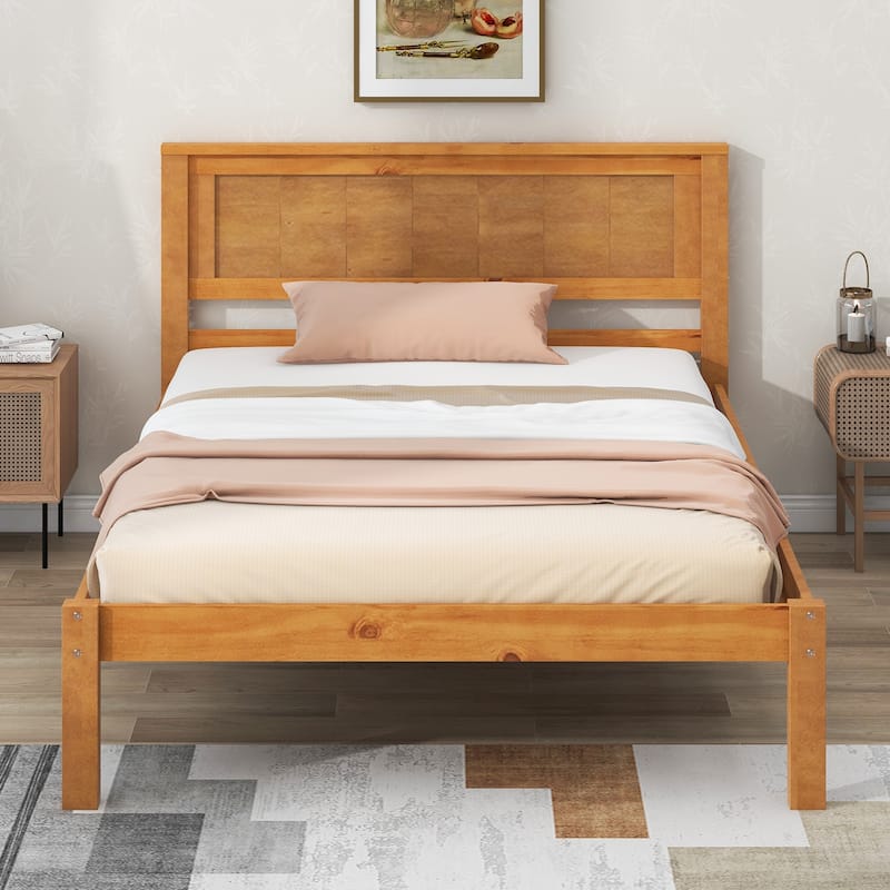 Oak Twin Platform Bed Frame with Headboard, Wood Slat Support, No Box Spring Needed