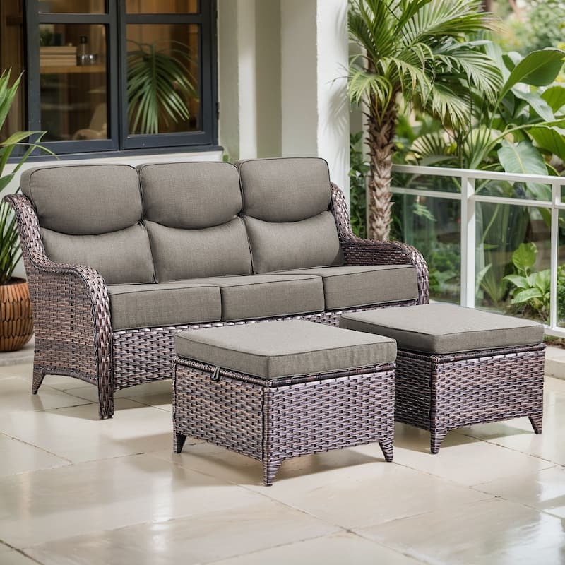 Arcadia 3-Seat Wicker Patio Sofa with 6-Inch Thick Cushions and 2 Ottomans - Gray Cushions - Brown Wicker