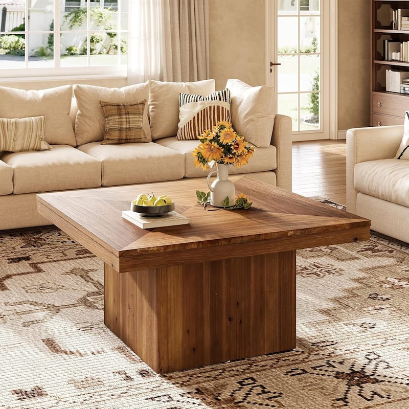 Solid Wood Coffee Table for Living Room, 35" Square Farmhouse Center Table - 34.53" L x 35.43" W x 19.68" H