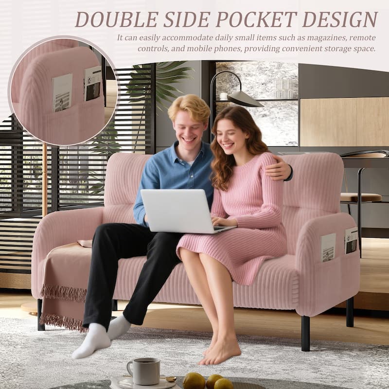 HOMEFUN Corduroy Upholstered Tufted Comfortable Wood Frame Loveseats Sofa with Double Side Pocket