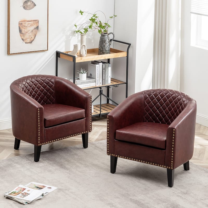 KINWELL 29" PU Faux Leather Club Armchair with Nailheads, Set of 2