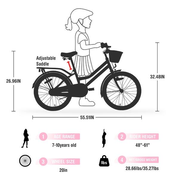 dimension image slide 2 of 8, Girls Bike with Basket,No Training Wheels Included