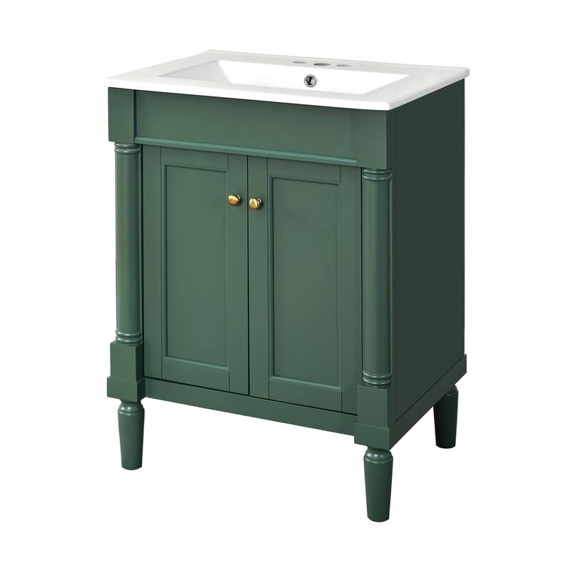 24 Inch Bathroom Vanity with Ceramic Top Sink, Freestanding Single Sink Vanity with Storage Shelves, Modern Style