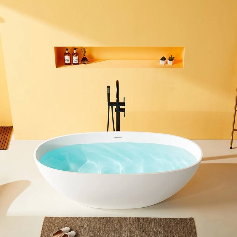 ABRUZZO 65" Freestanding Soaking Solid Surface Bathtub with Overflow and Pop-up Drain