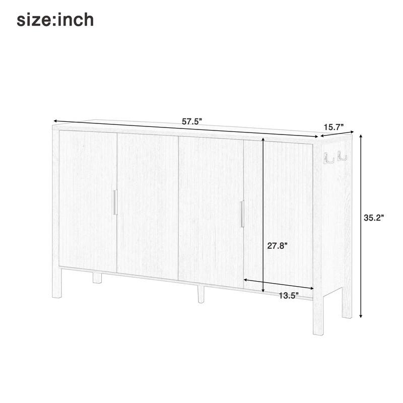 Modern 57.5" Fluted Door 4-Door Sideboard with Side Hooks and Adjustable Shelves