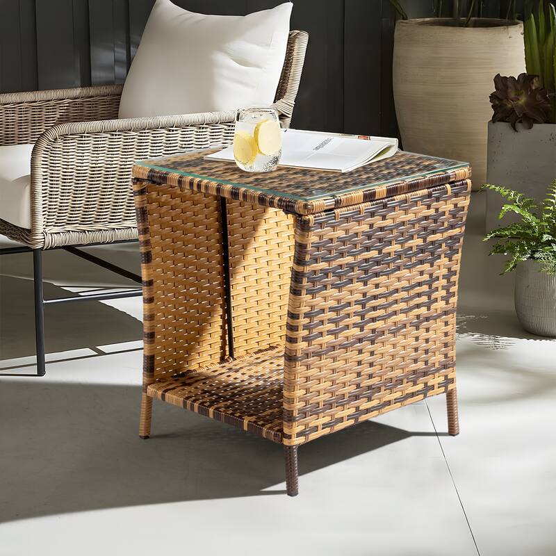 Yellow Gradient Rattan Side Table with Tempered Glass Top - 18.11 x 18.11 x 19.49