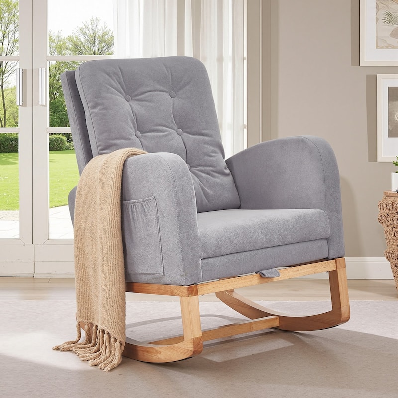 Javlergo Small Space Rocking Chair with Pull-Out Pedals Solid Wood Legs Glider Chair for Nursery with Two Side Storage Pockets