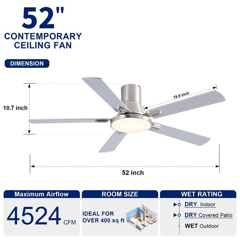 YUHAO AeroLite 48 in. Indoor White Low Profile Standard Ceiling Fan with Bright White Integrated LED Light Kit, Remote Included