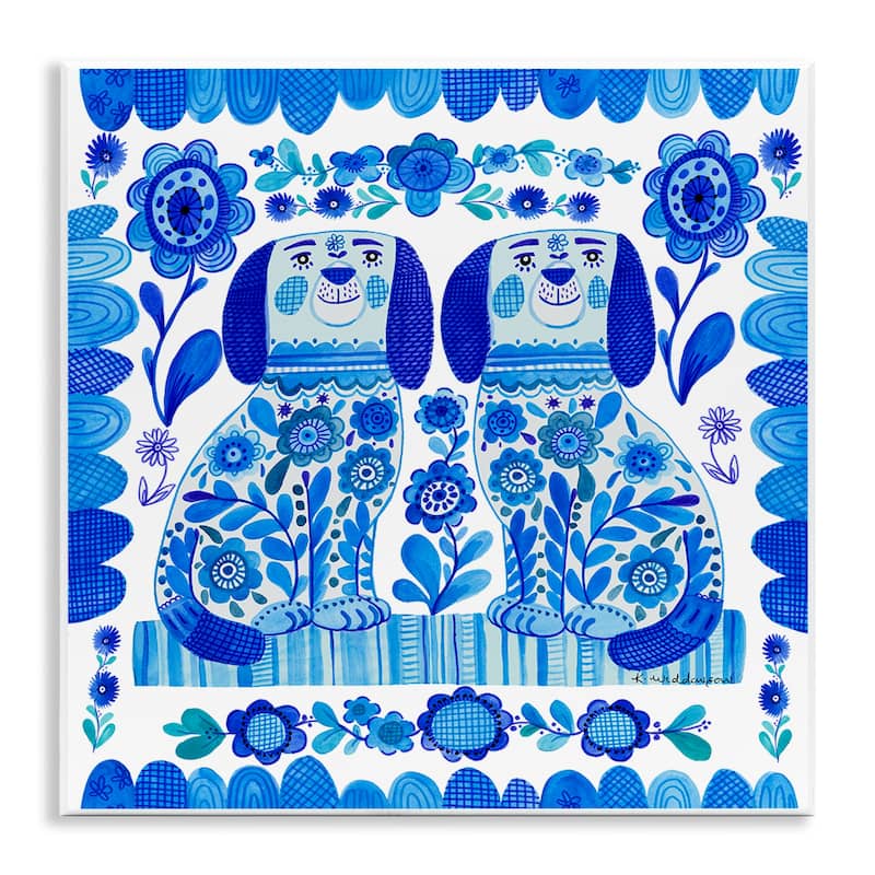 Stupell Blue Folk Style Puppies Wall Plaque Art Design By Kay Widdowson - 12 x 12
