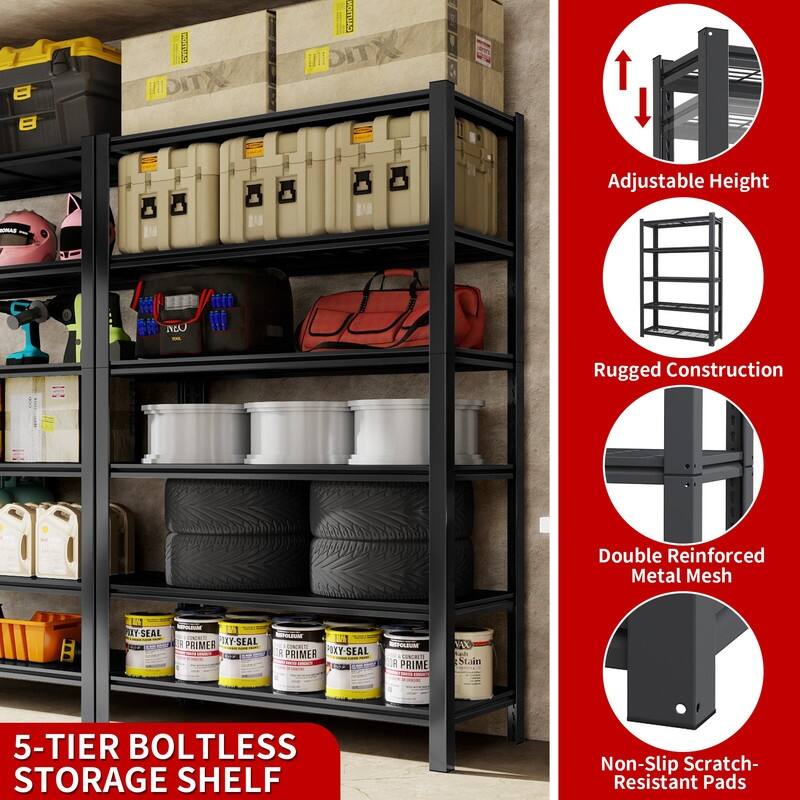 5/6-Tier Adjustable Heavy Duty Metal Storage Shelves, Black, 72/82"H
