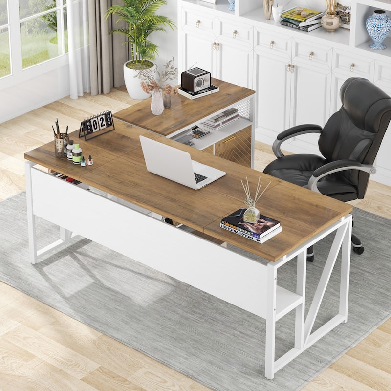 L Shaped Desk with Drawer, Executive Desk and lateral File Cabinet, 2 Piece Home Office Furniture - 63 inches - walnut&white