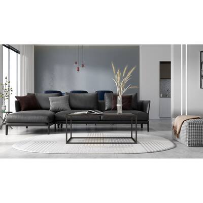 Grey Marble Rectangular Coffee Table with black Metal Leg for Living Room