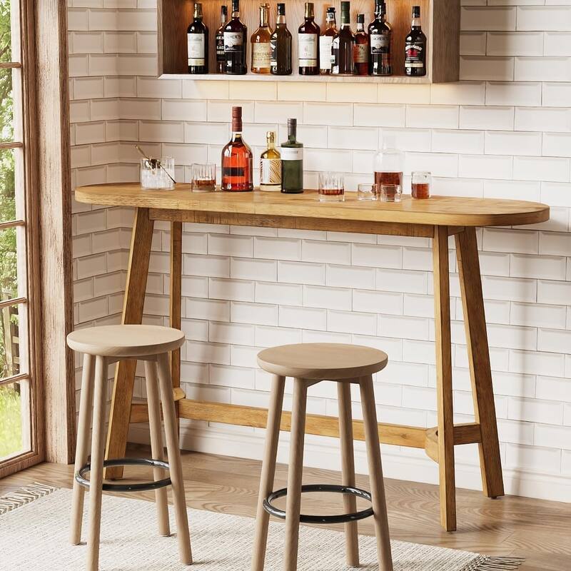 63" Solid Wood Bar Table, Oval Counter Height Table with Footrest for Kitchen - 17.72"D x 62.99"W x 37.4"H - Natural Wood