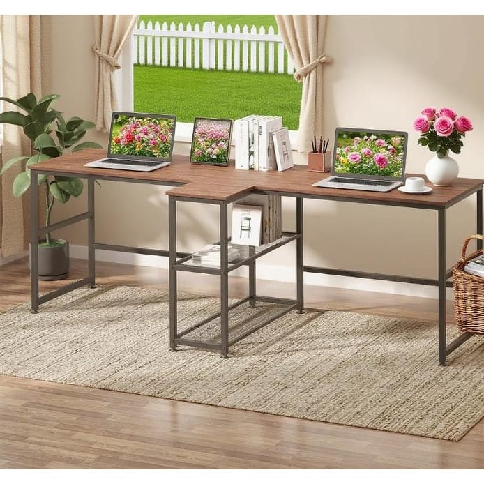 Desk Two Person Computer Desk with Storage Shelves, Double Desk Workstation with Book Shelf - Dark Walnut