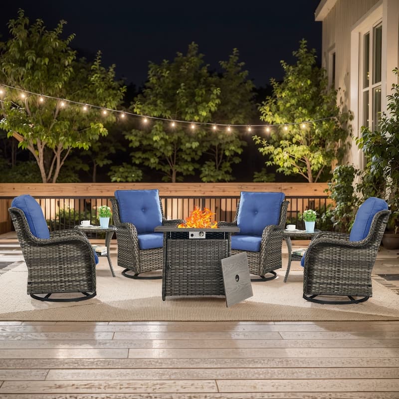Pocassy 7 Pieces Fire Pit Table with Swivel Chairs Table - Grey Wicker Blue Cushion - 7 Pieces Swivel Chair with Fire Table