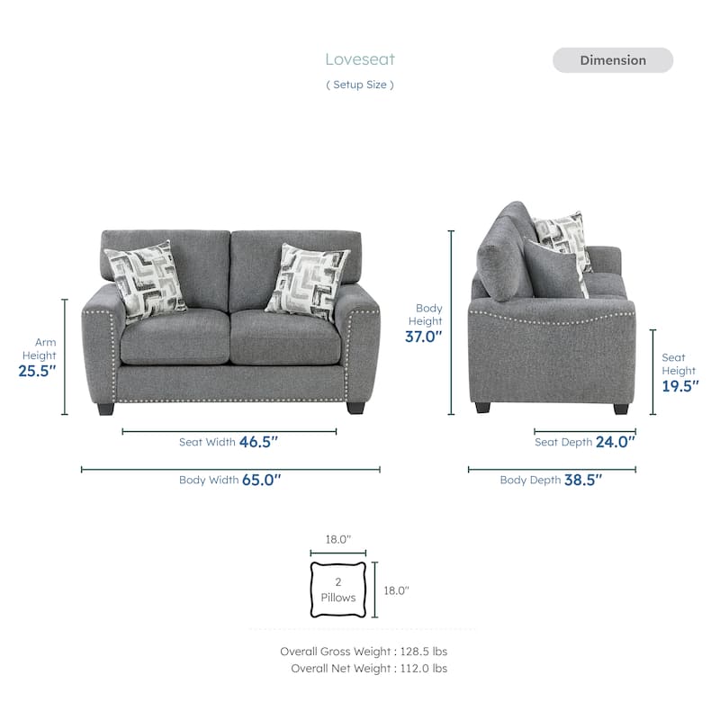 Windsor Chenille 2-Piece Living Room Sofa Set with Nailhead Trim