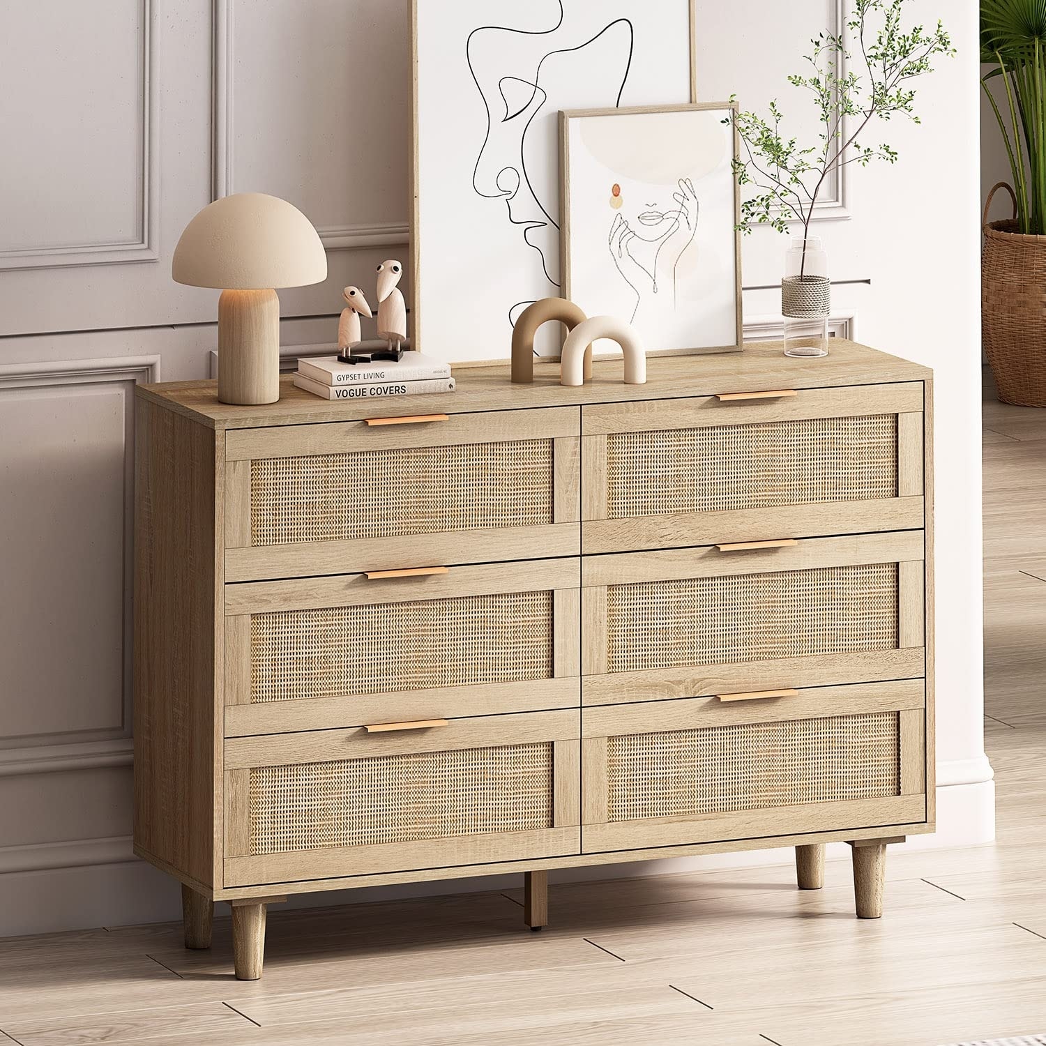 Rattan 6 Drawers Dresser Wood Dresser for Bedroom Chest of