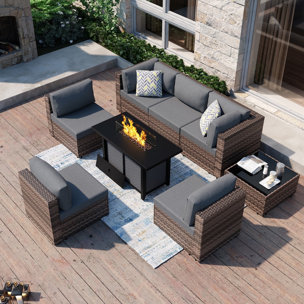 8-Piece Outdoor Wicker Conversation Set with Fire Pit Table, Sectional Sofa & Cushions - N/A