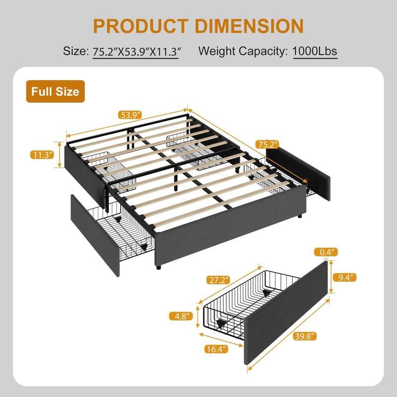 Platform Bed Frame, with 4 Storage Drawers