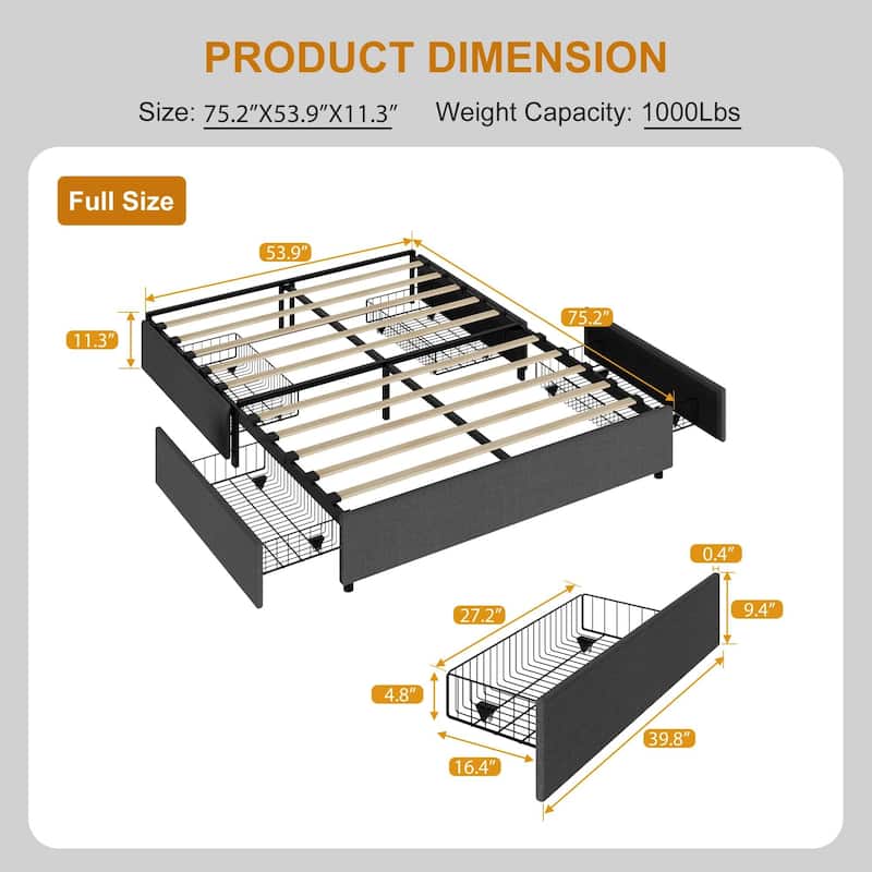 Platform Bed Frame Fabric Upholstered with 4 Storage Drawers
