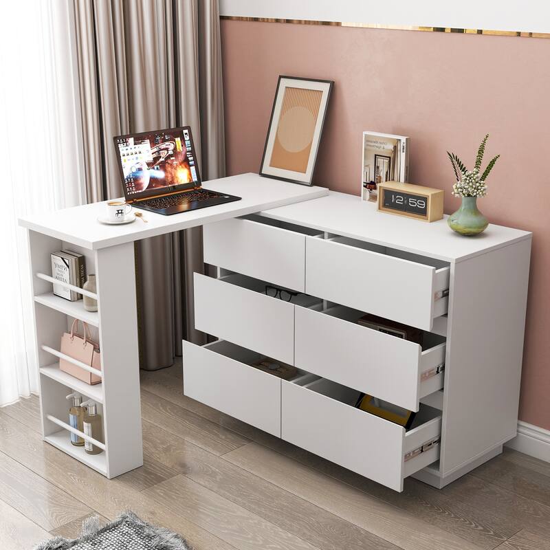 L Shaped Computer Desk with Drawers, Modern Corner Home Office Desk with Reversible Storage Cabinet - White