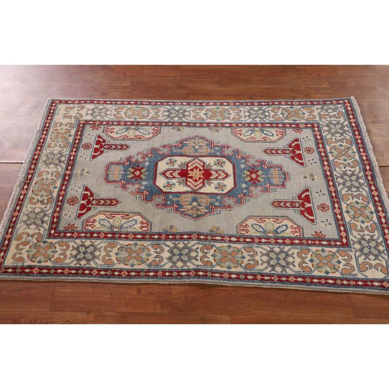 Grey Kazak Oriental Accent Rug Handmade Wool Carpet - 3'1"x 4'10"