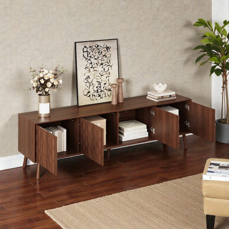 70" Modern TV Stand for TVs Up to 80", Entertainment Center with Beveled Edges, Solid Wood Legs & Soft-Close Hinges