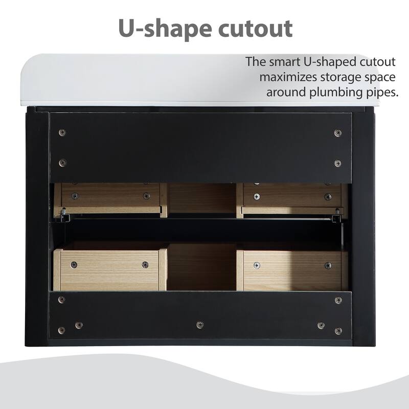 Modland Fluted Floating Vanity with Sink, Plywood Wall Mount Cabinet, Curved Edge, 24/30/36 Inch