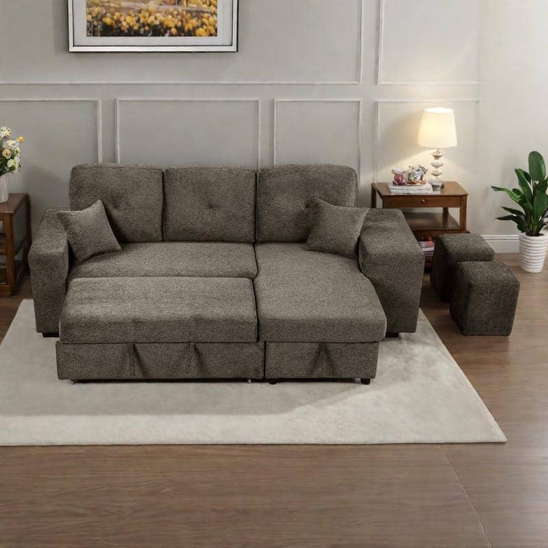 95" Velvet Sectional Sofa with Storage Chaise and 2 Stools and Reversible L-Shape Sofa Bed - Knox Charcoal