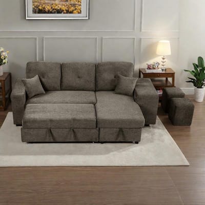 95" Velvet Sectional Sofa with Storage Chaise and 2 Stools and Reversible L-Shape Sofa Bed