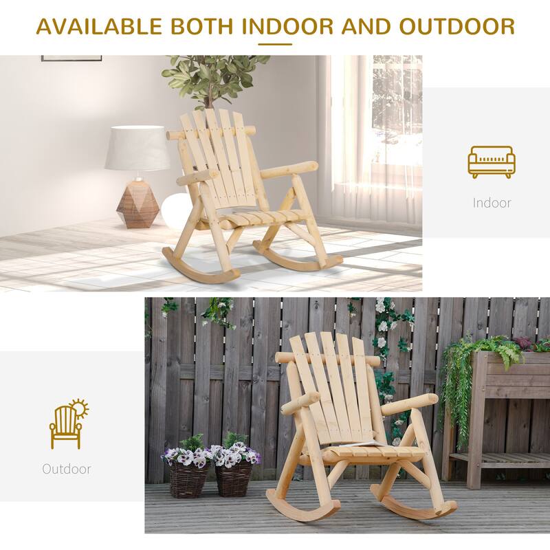 Outsunny Outdoor Rustic Adirondack Rocking Chair, Fir Wood Log Slatted Design Patio Rocker for Porch Garden Lounging