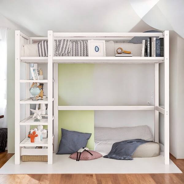 slide 2 of 13, Artsy Twin Size Metal Loft Bed with 4-Tier Shelves and Storage, White White