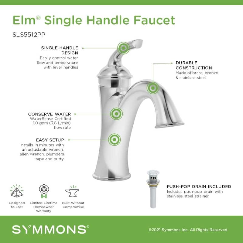 Symmons SLS5512PP Elm 1.0 GPM Single Hole Bathroom Faucet with Push
