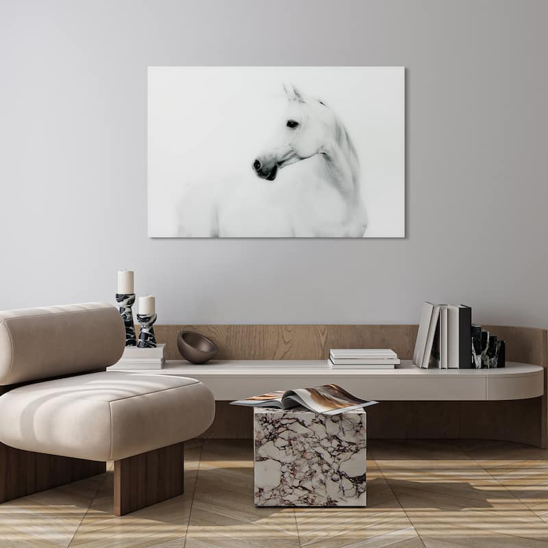 White Horse Frameless Free Floating Tempered Art Glass Wall Art