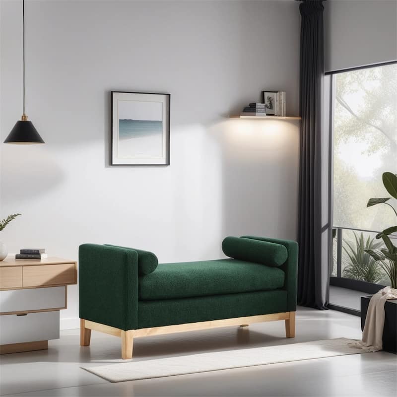 Elegant Upholstered Bench,Ottoman with Wood Legs & Bolster Pillows - Green