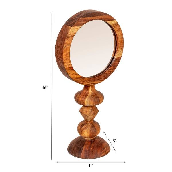 Acacia Wood Table Mirror with Carved Wood Base, Natural - 8.0"L x 5.0"W x 16.0"H