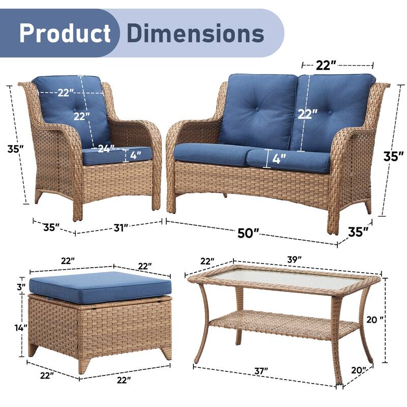 Pocassy 6 Pieces Outdoor 2-Seat Sofa Chairs Table Ottoman