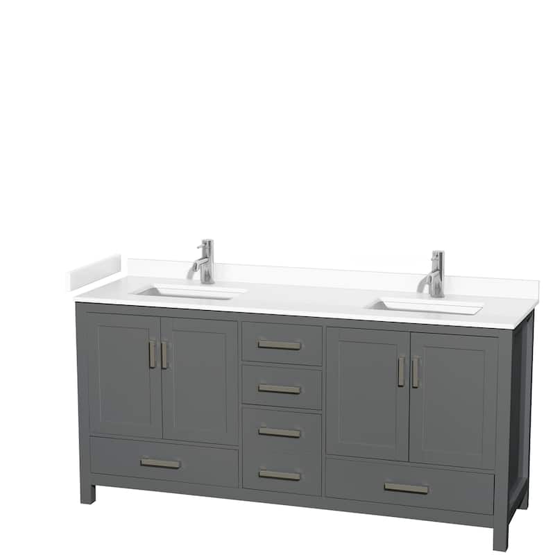 Sheffield Double Bathroom Vanity Set, Cultured Top, No Mirror - 72-Inch Double - Dark Gray, White Cultured Marble Top, Chrome Trim