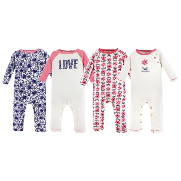 slide 1 of 1, Touched by Nature Baby Girl Organic Cotton Coveralls 4pk, Daisy Flowers 0 - 3 Months - Pink