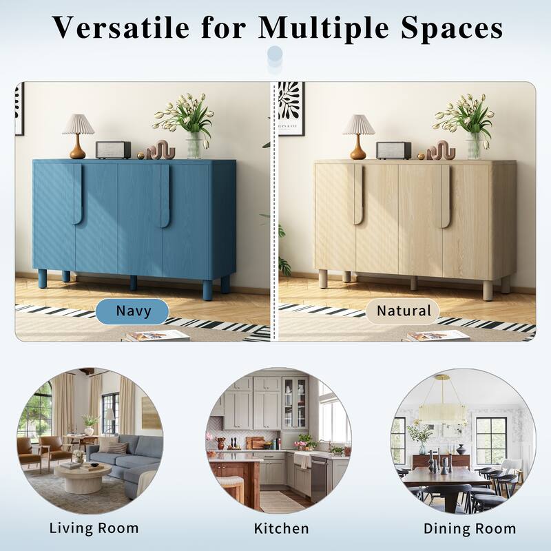 Modern 4-Door Buffet Cabinet with Arc Handles and Adjustable Shelves, for Dining Room, Kitchen and Living Room, Navy