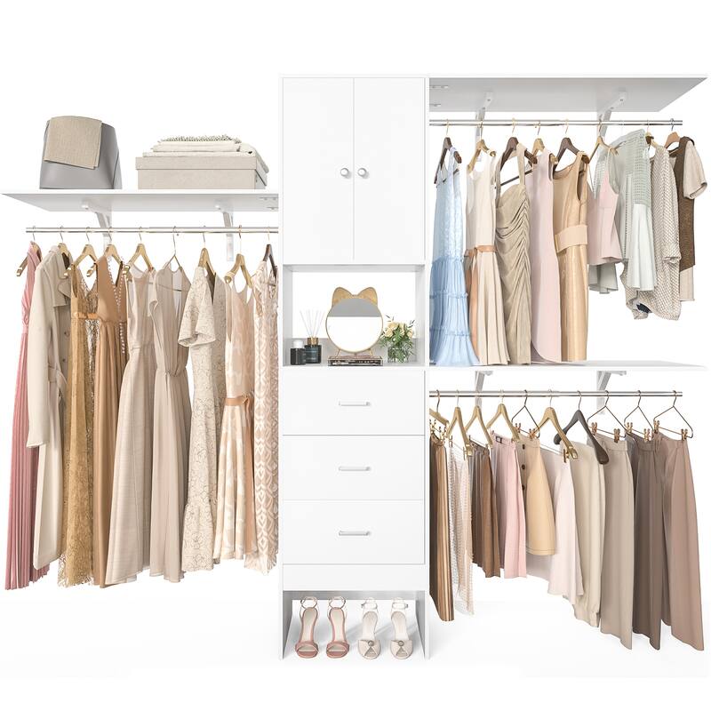 20''-96'' Wide Wooden Closet Organizer With Doors, Adjustable Closet System with Drawers and Hanging Rods